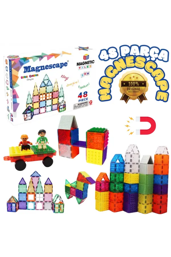 Orijinal Magnescape Magnetic Tiles 48 Parça - Magnetic Magical Magnet - Mıknatıslı Lego Magnescape