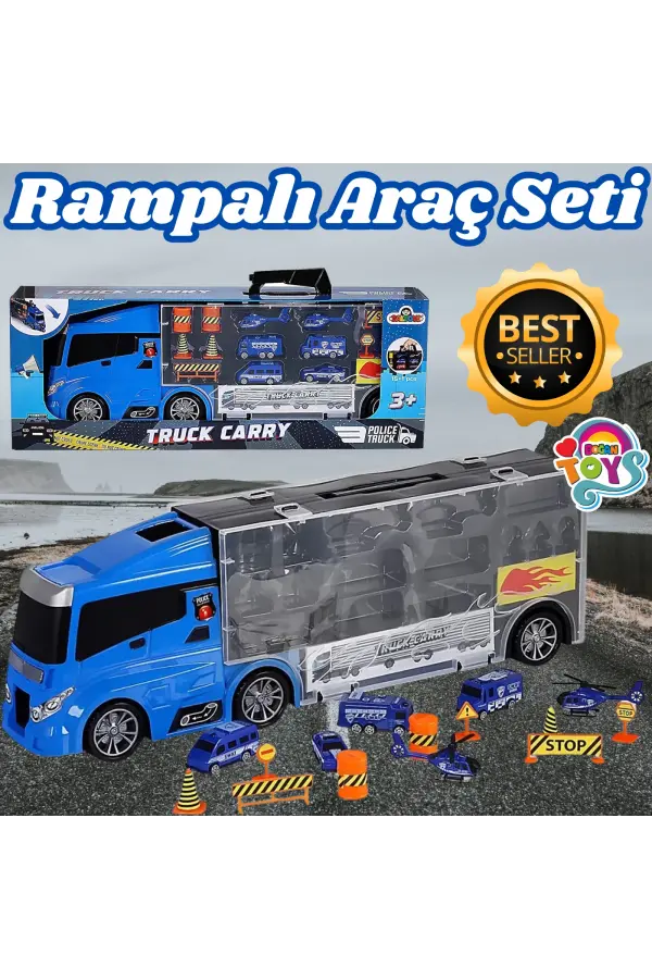 Rampalı Polis Tır Seti - Polis Taşıyıcı Tır - Kaydıraklı Kamyon - Araç Yol Seti - Tır Yol Seti - Oyuncak Araç Seti