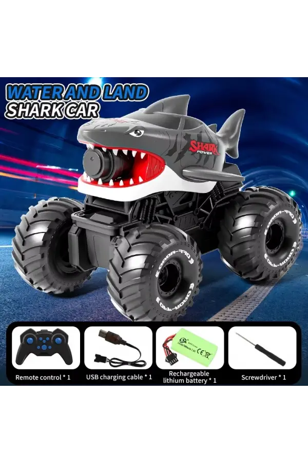 Shark Amphibious Racing Car Siyah - Uzaktan Kumandalı Su Atan Saatli Köpek Balığı - Saat Kontröllü