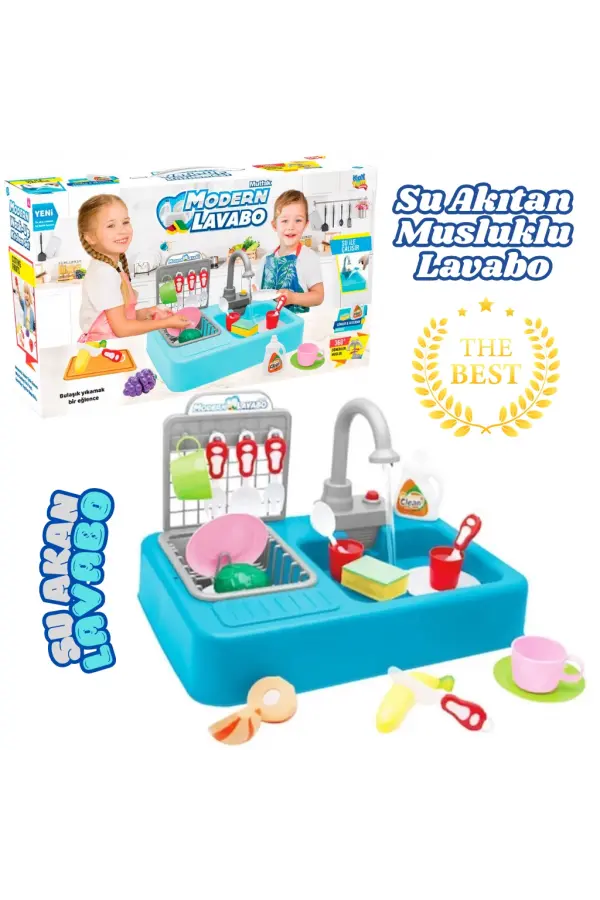 Su Akıtan Modern Mutfak Seti - Çeşmeli Işıklı ve Sesli Lavabo - Mutfak Seti - Su Akan Musluk - Mavi