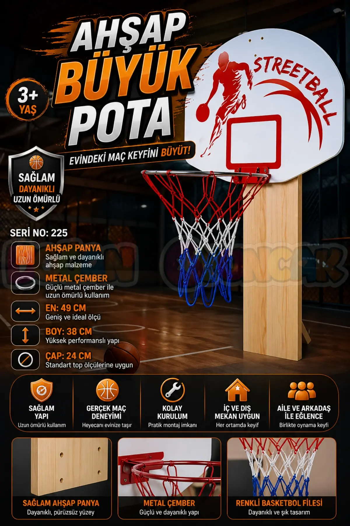 Ahşap Büyük Pota - Basketbol Maçı - Basketbol Oyuncak - Basket Oyunu - Büyük Pota Seti - Pota Oyuncağı