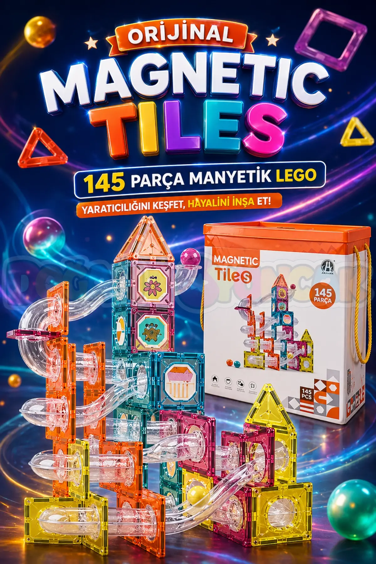 Orijinal Magnetic Tiles 145 Parça Manyetik Lego - Magnetic Magical Magnet - Mıknatıslı Lego