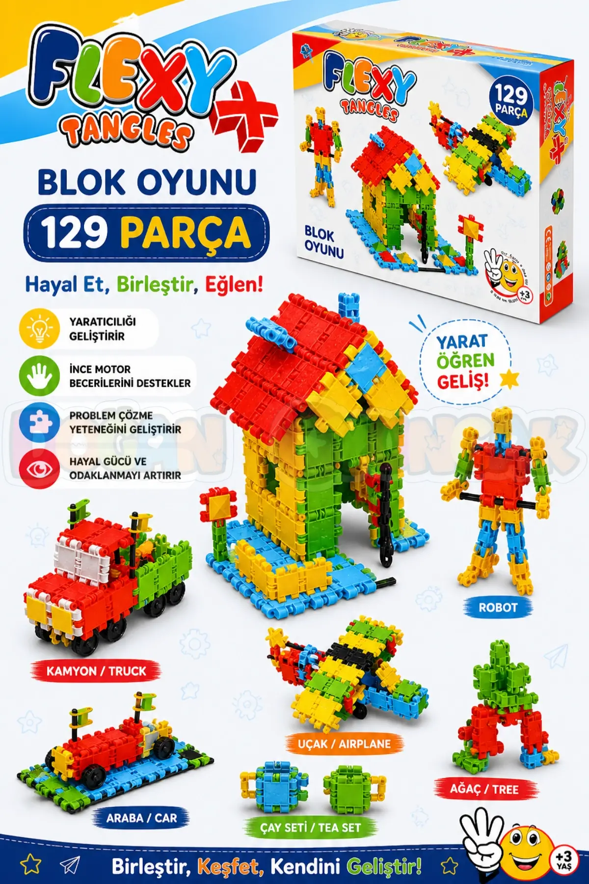 Flexy Tangles Blok Oyunu 129 Parça - Oyuncak Lego Seti - Birbirine Geçmeli STEM Lego Seti - Eğitici Oyuncak