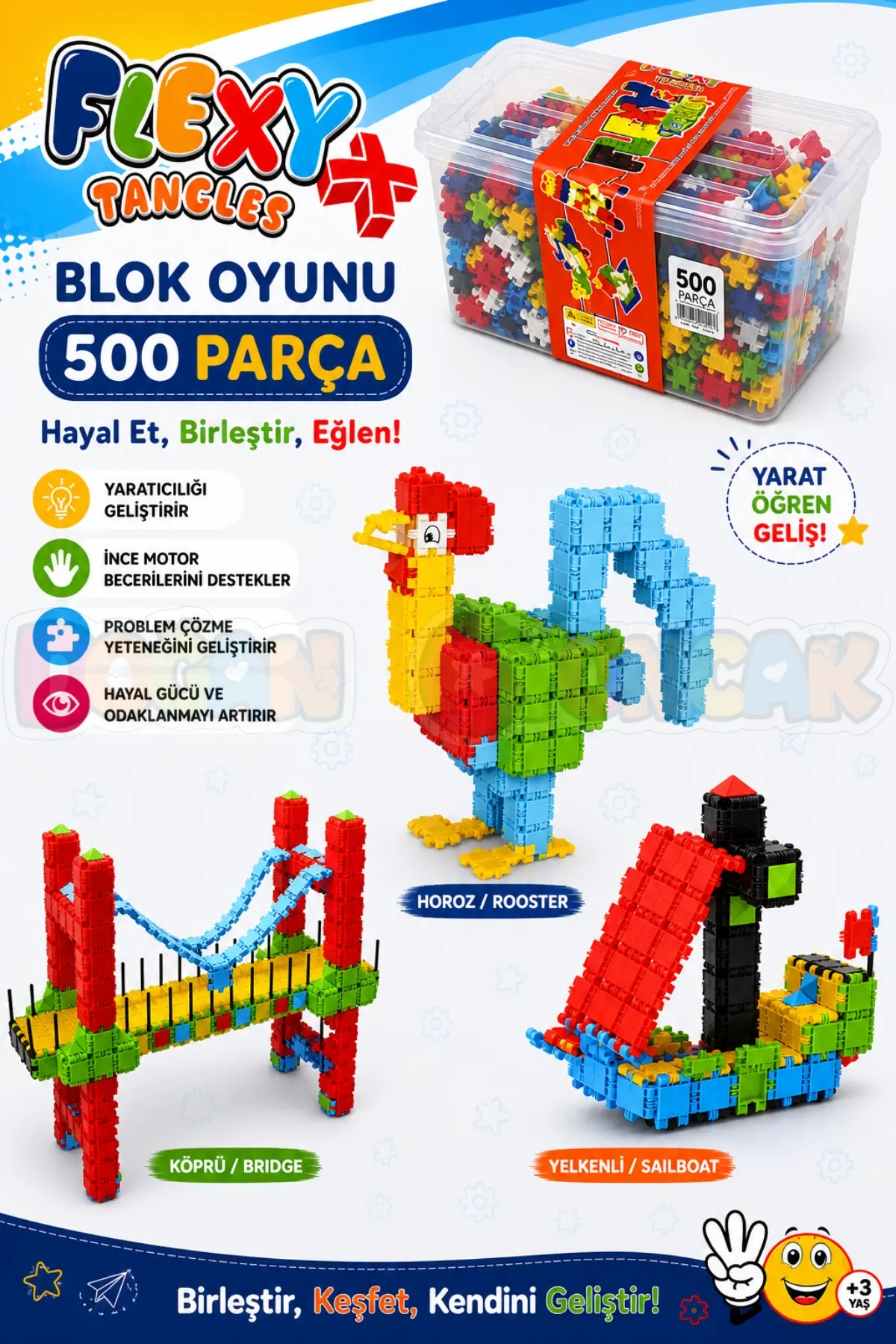 Flexy Tangles Blok Oyunu 500 Parça - Oyuncak Lego Seti - Birbirine Geçmeli STEM Lego Seti - Eğitici Oyuncak