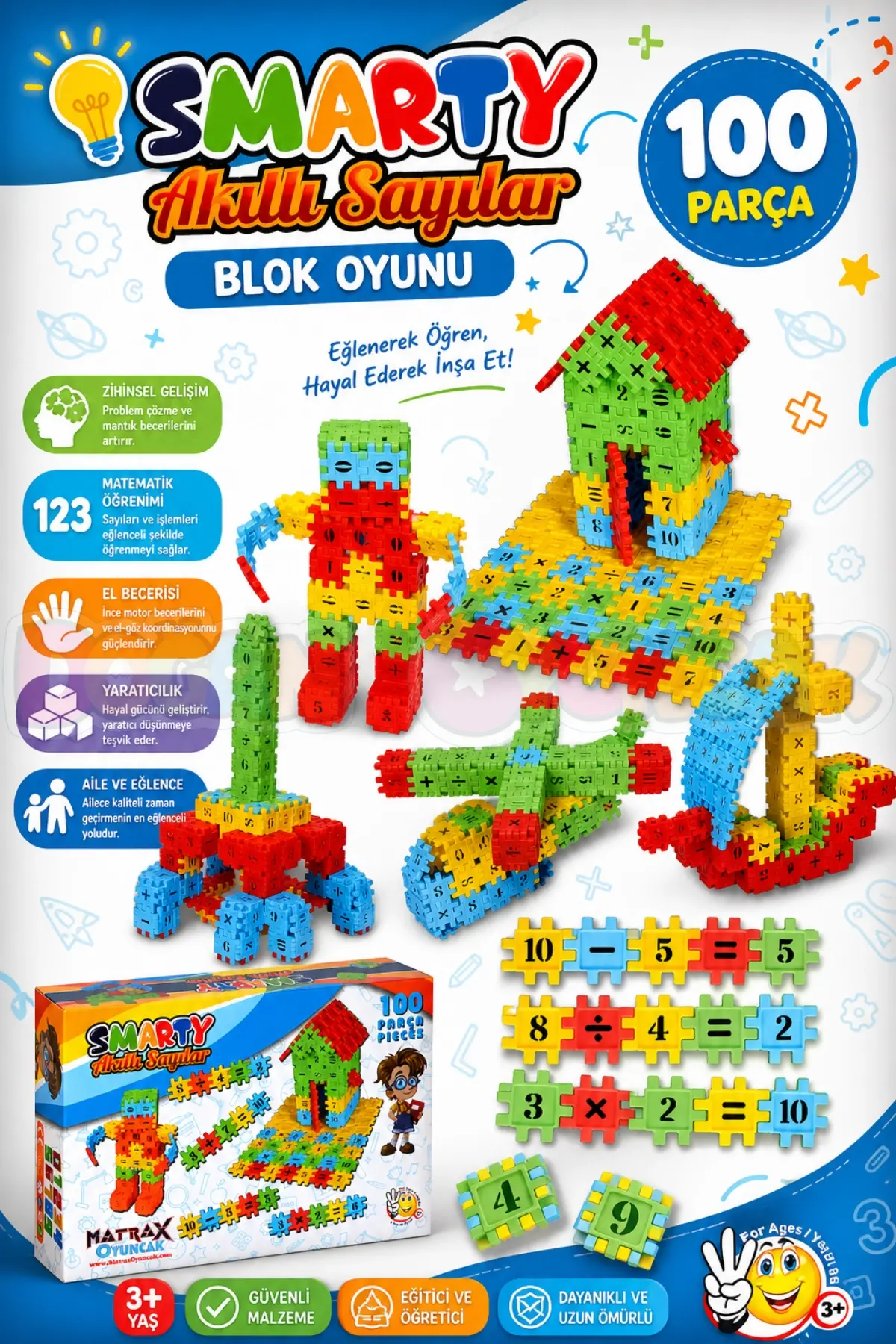 Smarty - Akıllı Sayılar Blok Oyunu 100 Parça - Oyuncak Lego Seti - Birbirine Geçmeli STEM Lego Seti - Eğitici Oyuncak
