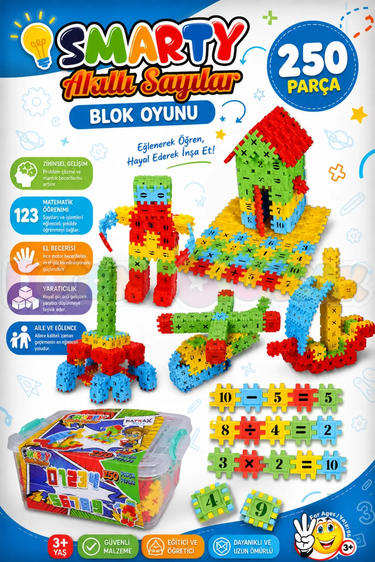 Smarty - Akıllı Sayılar Blok Oyunu 250 Parça - Oyuncak Lego Seti - Birbirine Geçmeli STEM Lego Seti - Eğitici Oyuncak