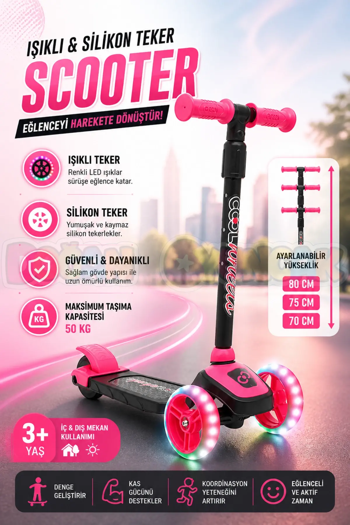 Cool Wheels Pembe Twist Işıklı 3 Tekerlekli Scooter - Işıklı Scooter - CoolWheels Scooter - Çocuk Scooter - İttir Git