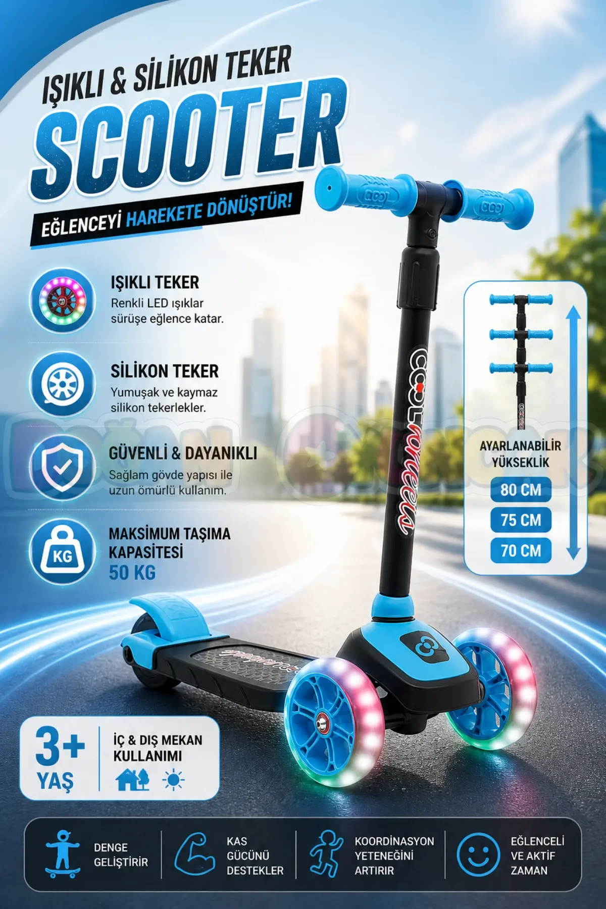 Cool Wheels Mavi Twist Işıklı 3 Tekerlekli Scooter - Işıklı Scooter - CoolWheels Scooter - Çocuk Scooter - İttir Git