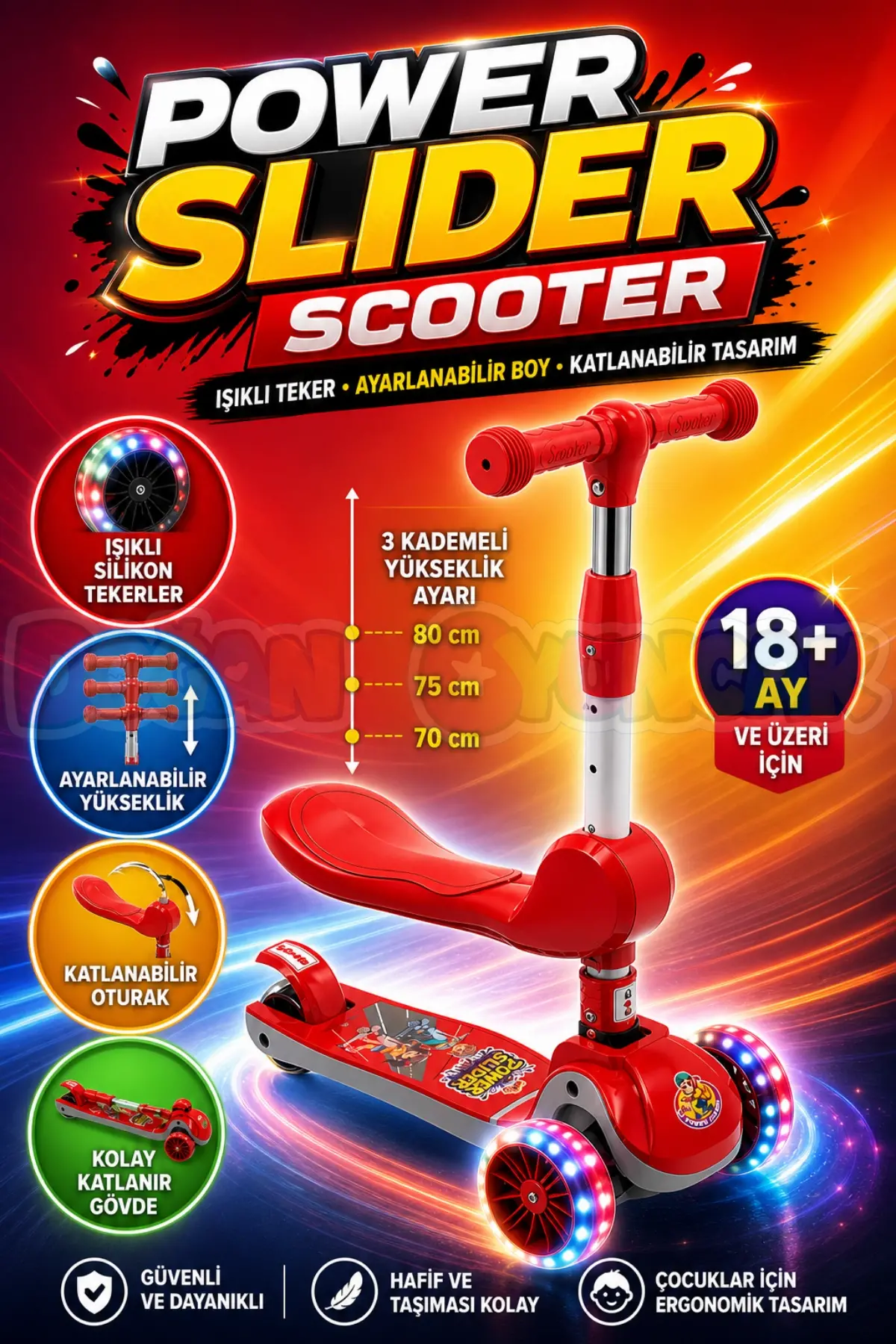 Power Slider Kırmızı Katlanabilir 3 Tekerlekli Oturaklı Scooter - Işıklı Scooter - Çocuk Scooter