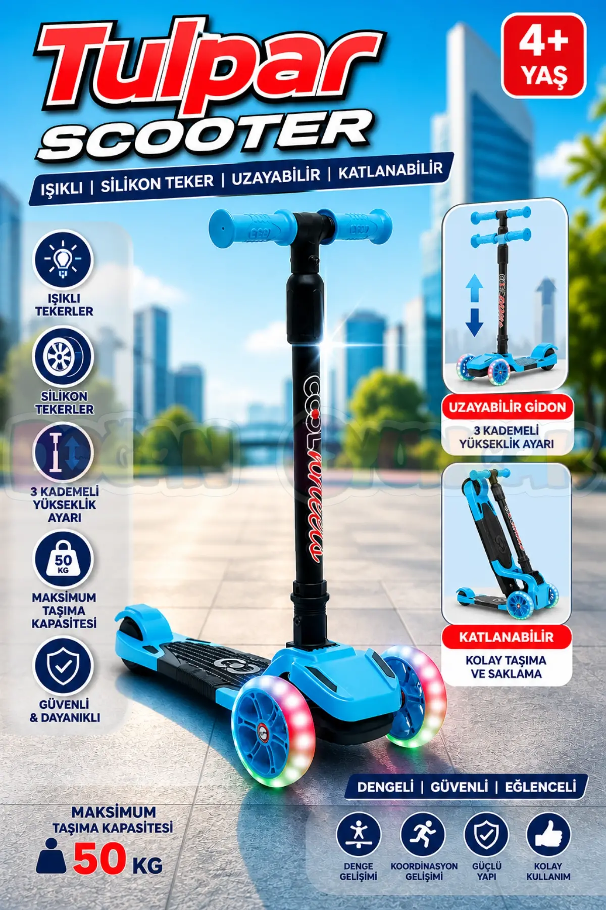 Cool Wheels Mavi Tulpar Işıklı 3 Tekerlekli Katlanabilir Scooter - CoolWheels Scooter - Çocuk Scooter