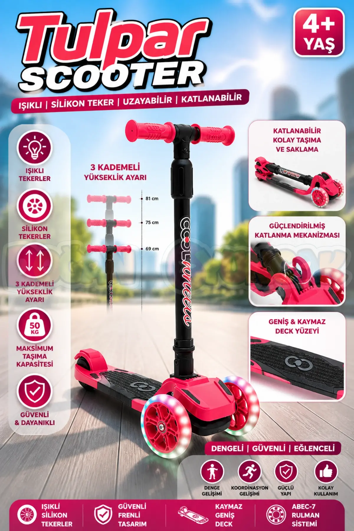 Cool Wheels Pembe Tulpar Işıklı 3 Tekerlekli Katlanabilir Scooter - CoolWheels Scooter - Çocuk Scooter