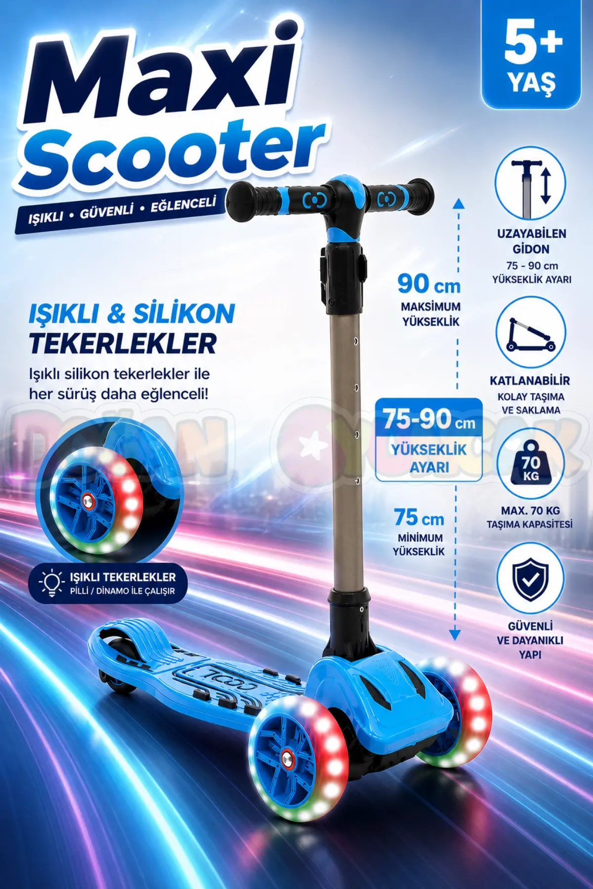 Cool Wheels Mavi Maxi Işıklı 3 Tekerlekli Katlanabilir Scooter - CoolWheels Scooter - Çocuk Scooter