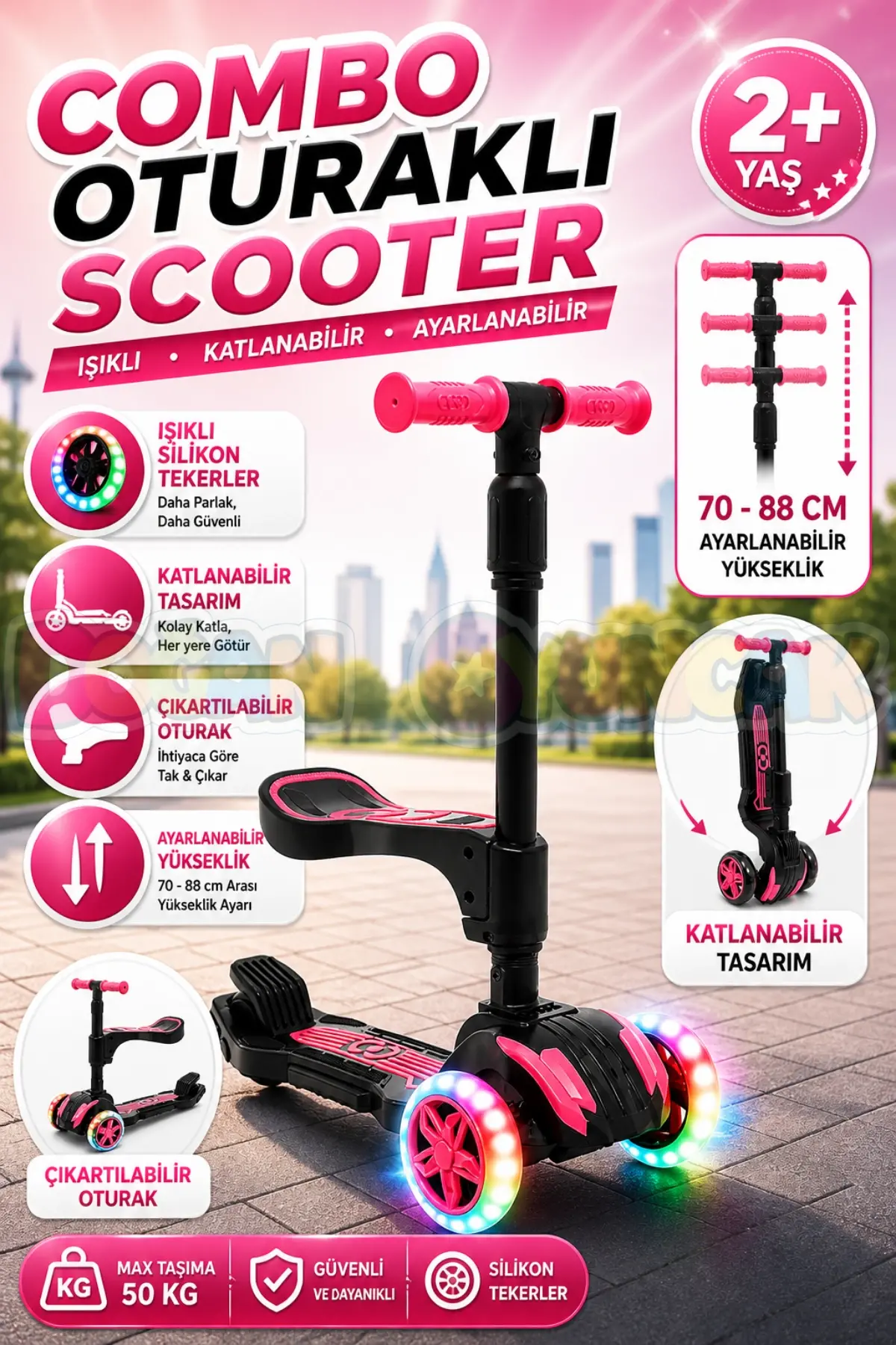Cool Wheels Oturaklı Pembe Combo Işıklı 3 Tekerlekli Katlanabilir Scooter - CoolWheels Scooter - Çocuk Scooter