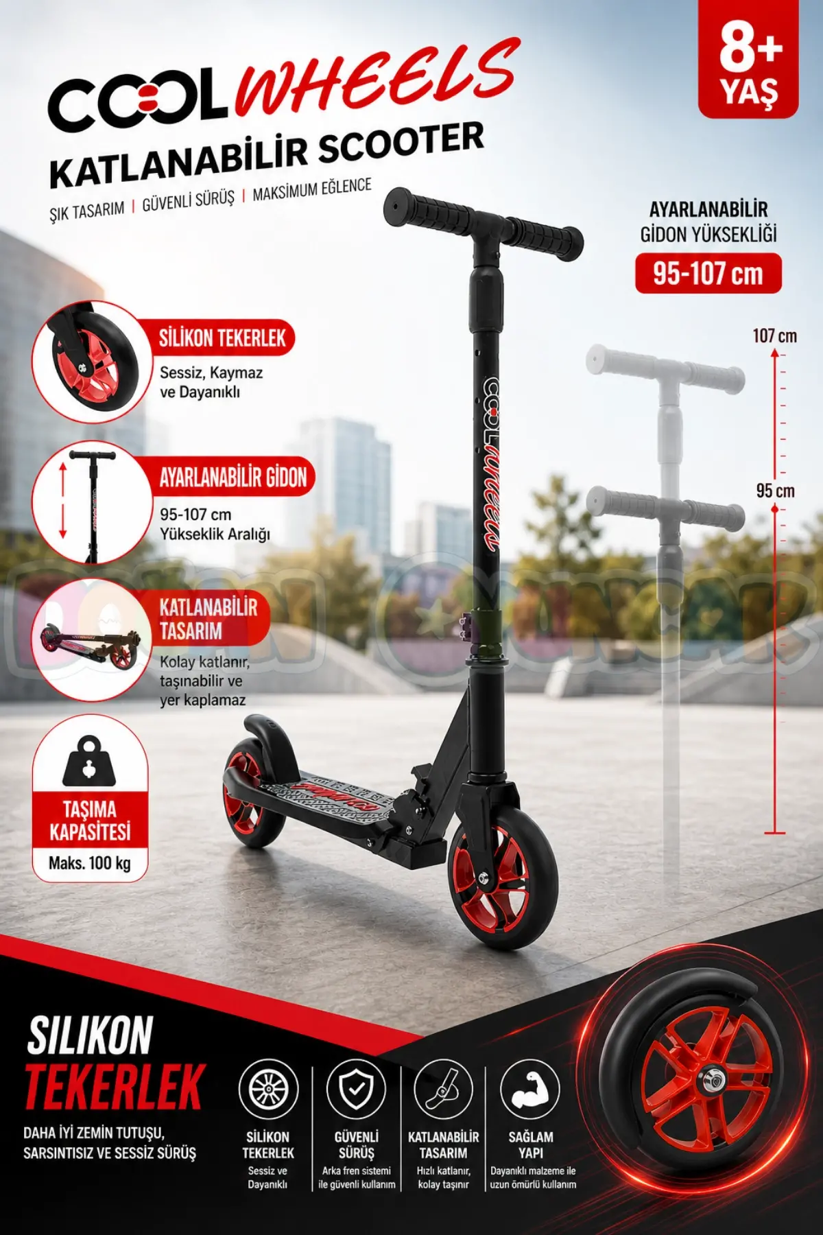 Cool Wheels 8+ Yaş Kırmızı 2 Tekerlekli Katlanabilir Scooter - CoolWheels Scooter - Çocuk Scooter