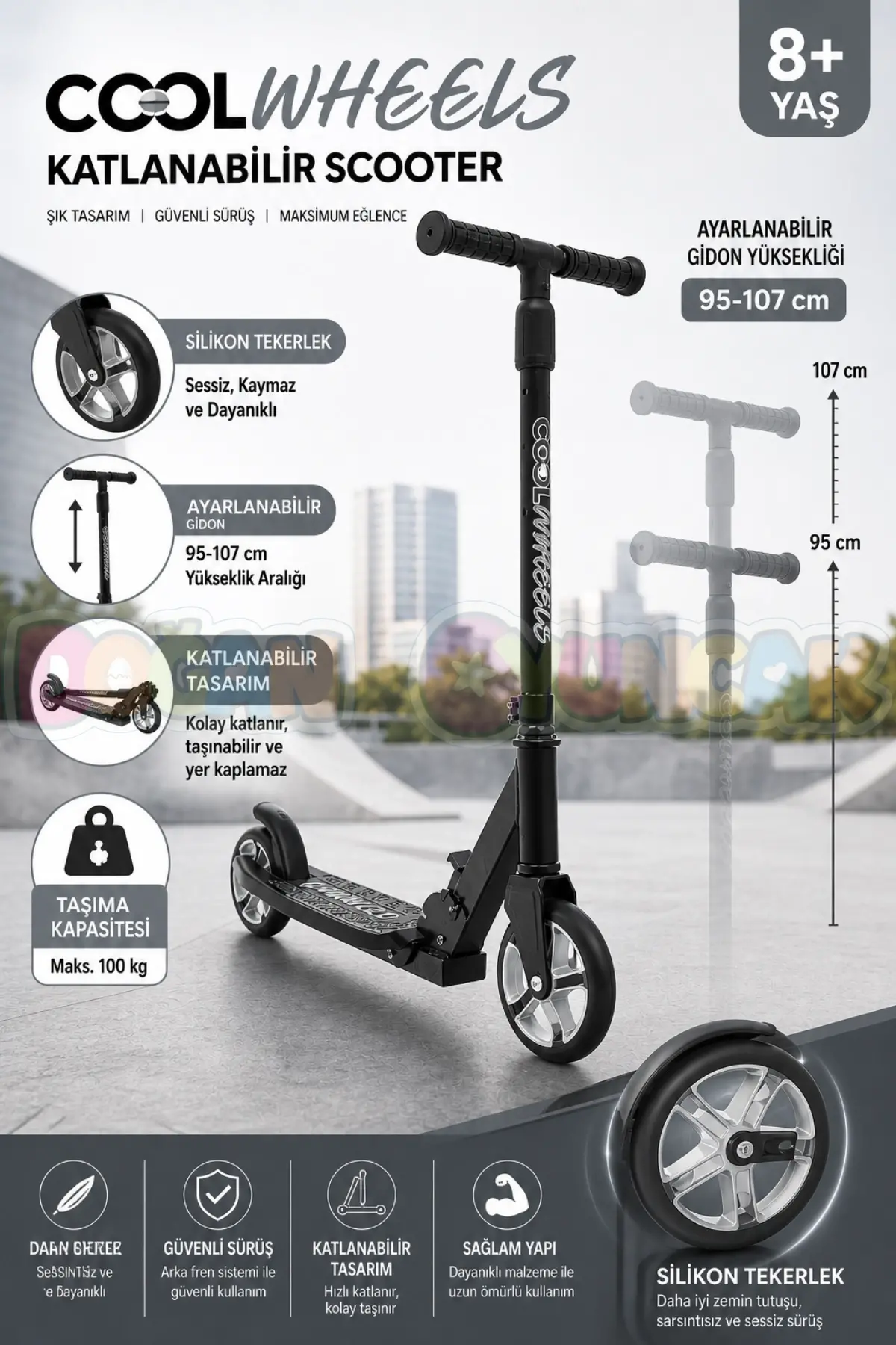 Cool Wheels 8+ Yaş Gri 2 Tekerlekli Katlanabilir Scooter - CoolWheels Scooter - Çocuk Scooter