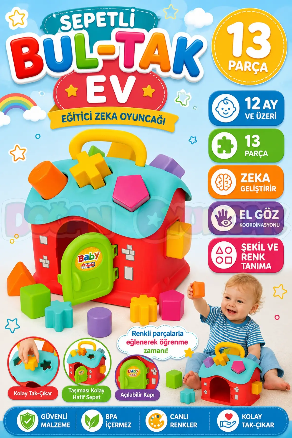 Sepetli Bul-Tak Ev - Bultak Lego - Bebek Oyuncağı - Şekil Takmaca - Blok Yerleştirme Oyunu Eğitici Oyuncak