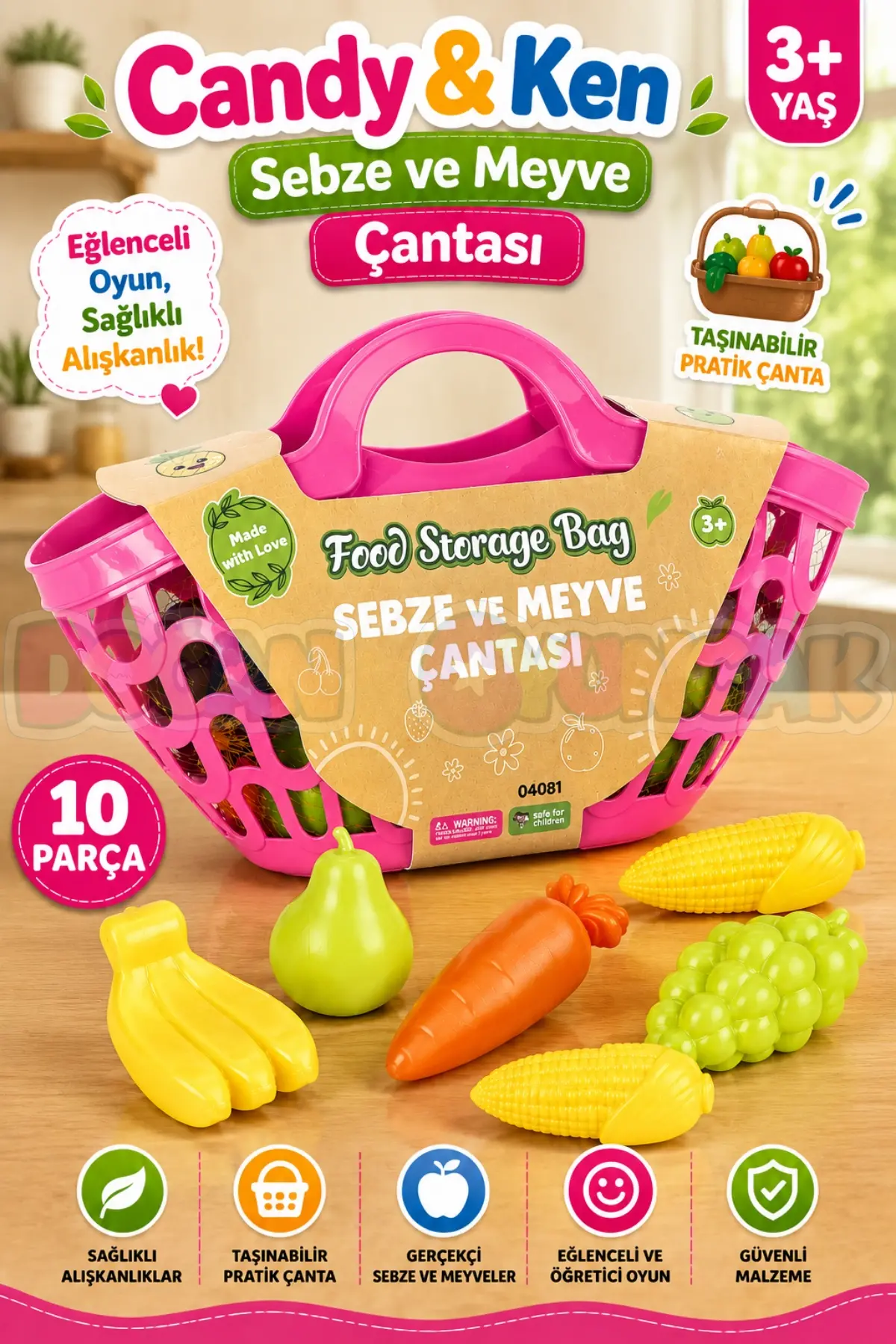 Sebze ve Meyve Çantası Pembe - Meyve Sebze Sepeti - Piknik Sepeti Oyuncak Meyveler - Oyuncak Sebzeler - Mutfak Oyuncakları