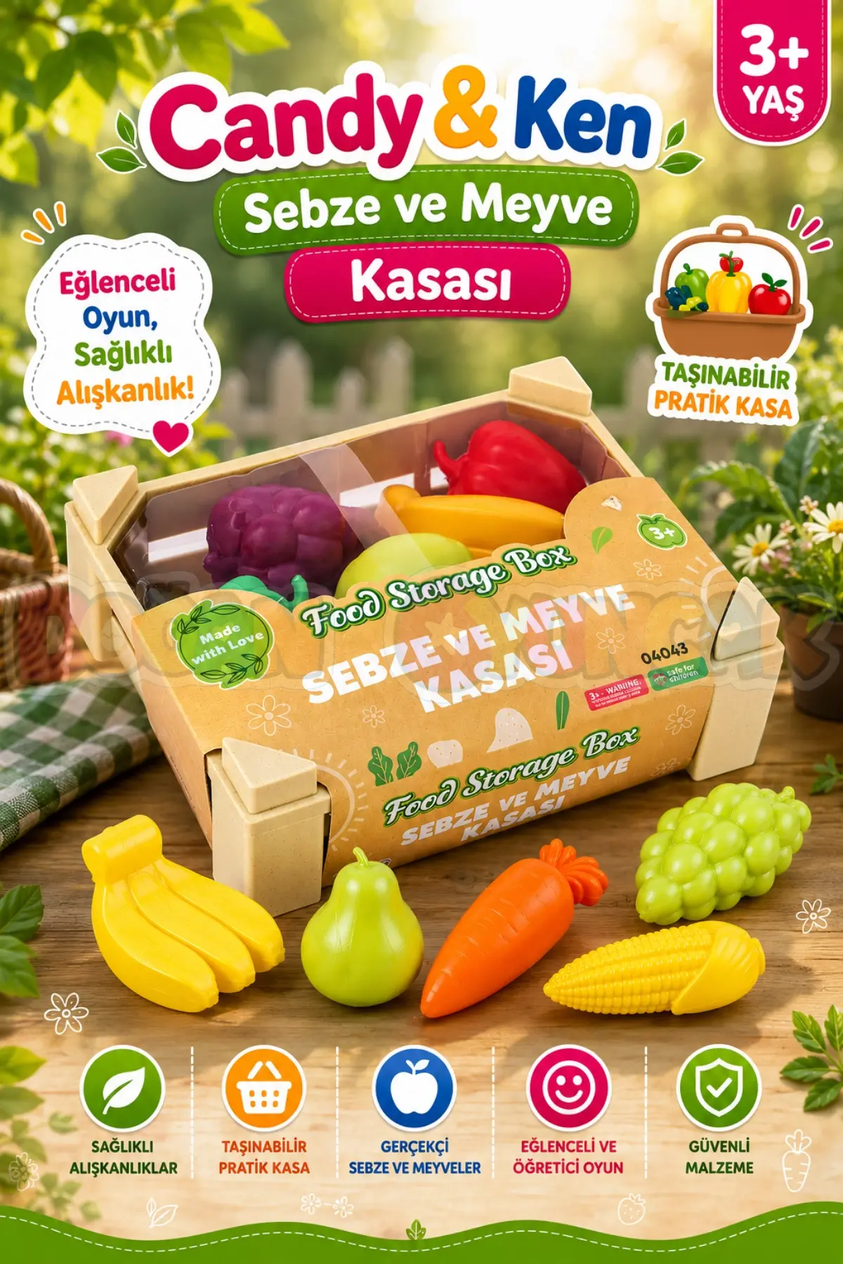 Sebze ve Meyve Kasası - Meyve Sebze Sepeti - Piknik Sepeti Oyuncak Meyveler - Oyuncak Sebzeler - Mutfak Oyuncakları