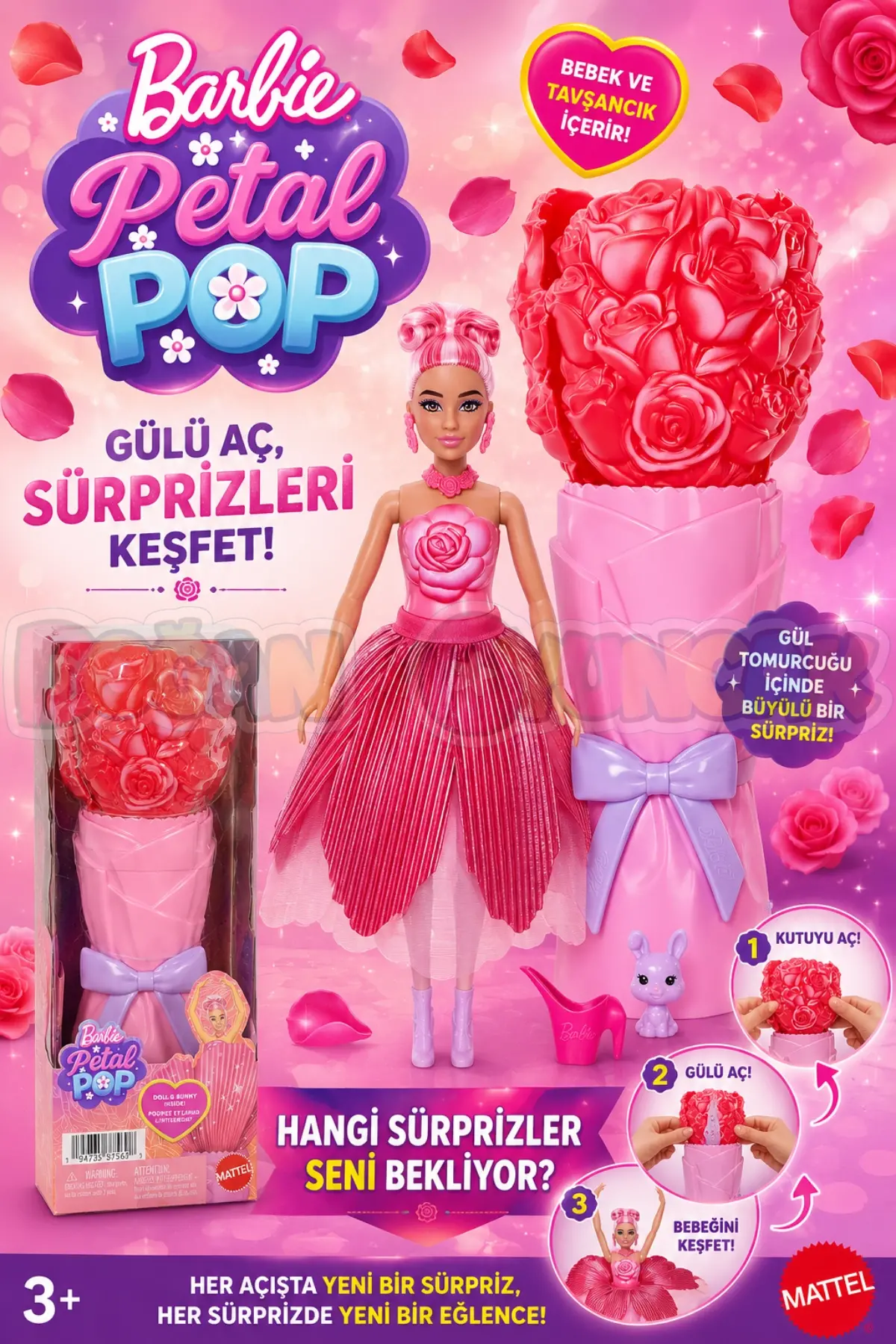 Barbie Petal Pop - Kırmızı Gül Bebek JMF59 - Barbie Oyuncak Barbie Bebek
