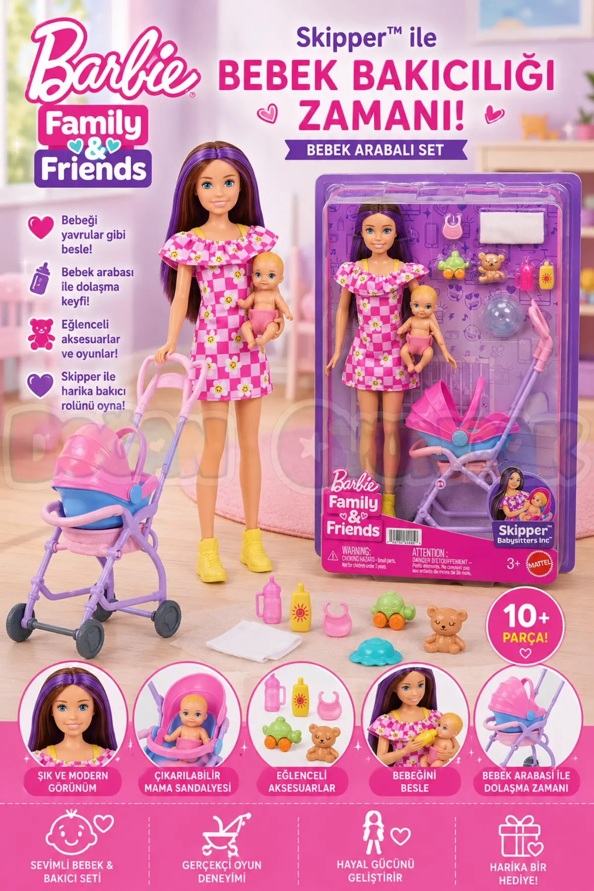 Barbie Skipper Bebek Bakıcısı Seti - Bebek Arabalı JJB42 - Barbie Oyuncak Barbie Bebek