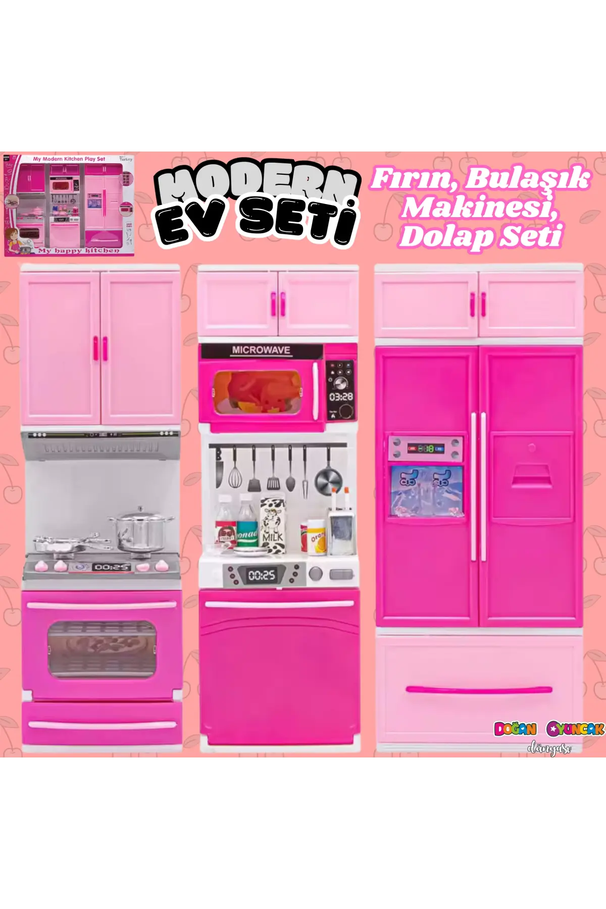 Anlily Üçlü Mutfak Seti - Barbie Modern Mutfak Seti - Işıklı Sesli Mutfak Oyuncak - Fırın, Buzdolabı, Bulaşık