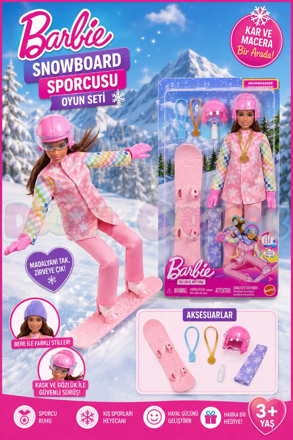 Barbie Snowboard Sporcusu Oyun Seti JKF78 - Barbie Oyuncak Barbie Bebek