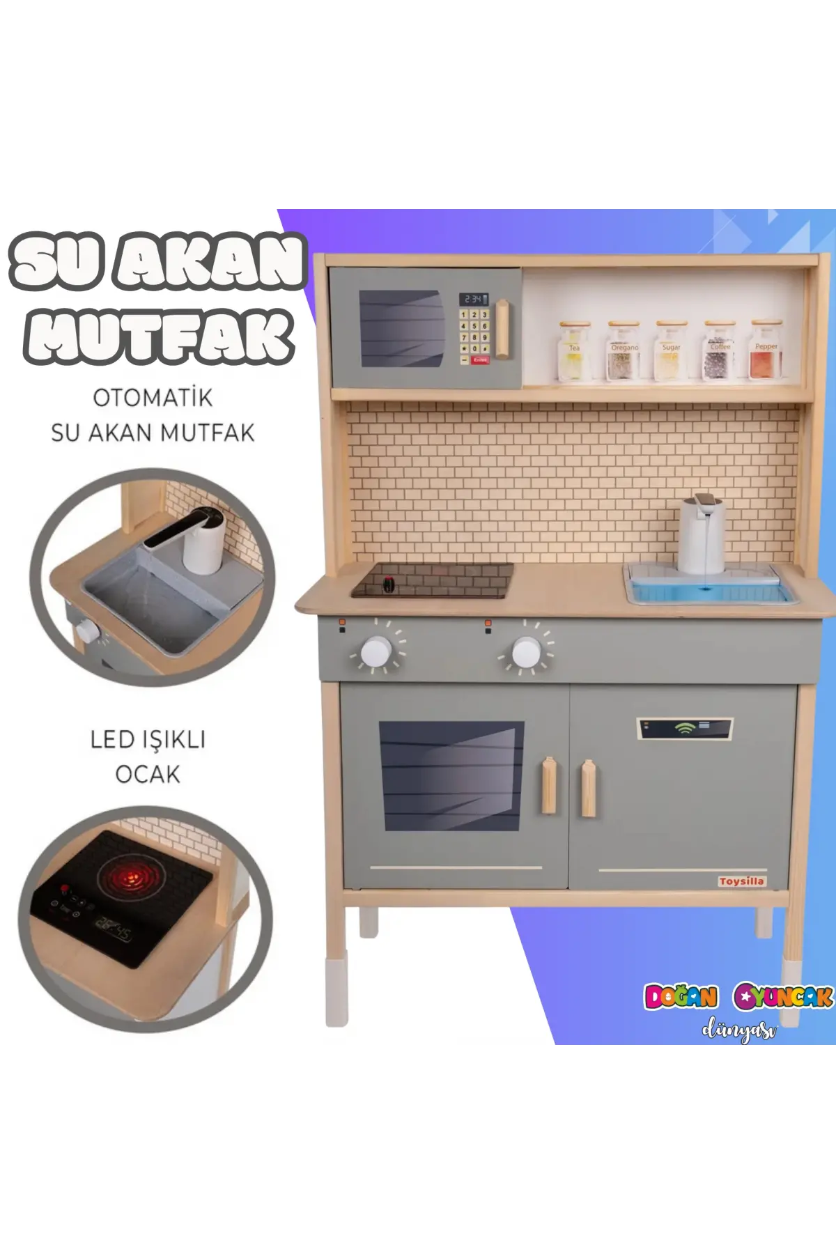 Musluktan Su Akan Işıklı Ahşap Mutfak - Ahşap Çocuk Mutfağı - Ledli Mutfak Seti -Su Akıtan Mutfak - Gri