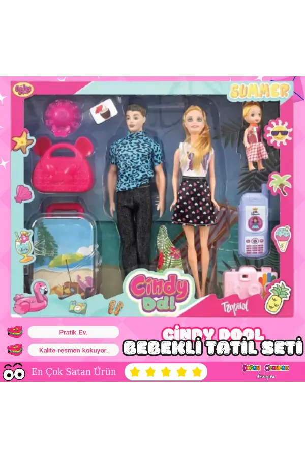 Cindy Doll Aile Tatil Seti - Aksesuarlı Bebek Seti - Oyuncak Tatil Seti - Gelin Damat Oyuncak Aile Oyuncak