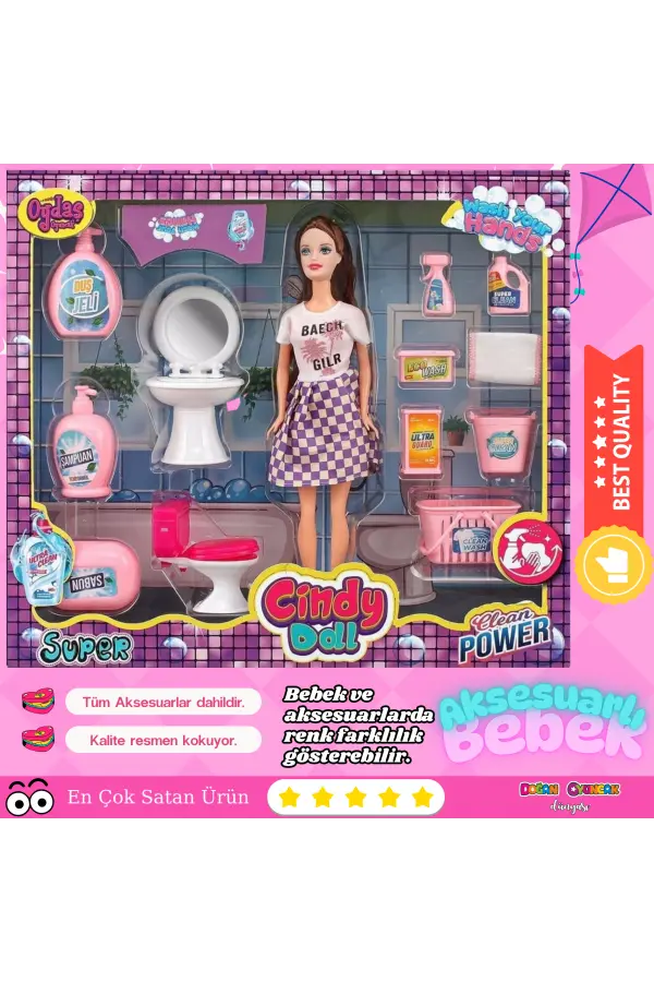 Cindy Doll Lavabo ve Temizlik Seti - Oyuncak Lavabolu Bebek - Barbie Temizlik Seti - Aksesuarlı Lavabo Bebek Oyuncak