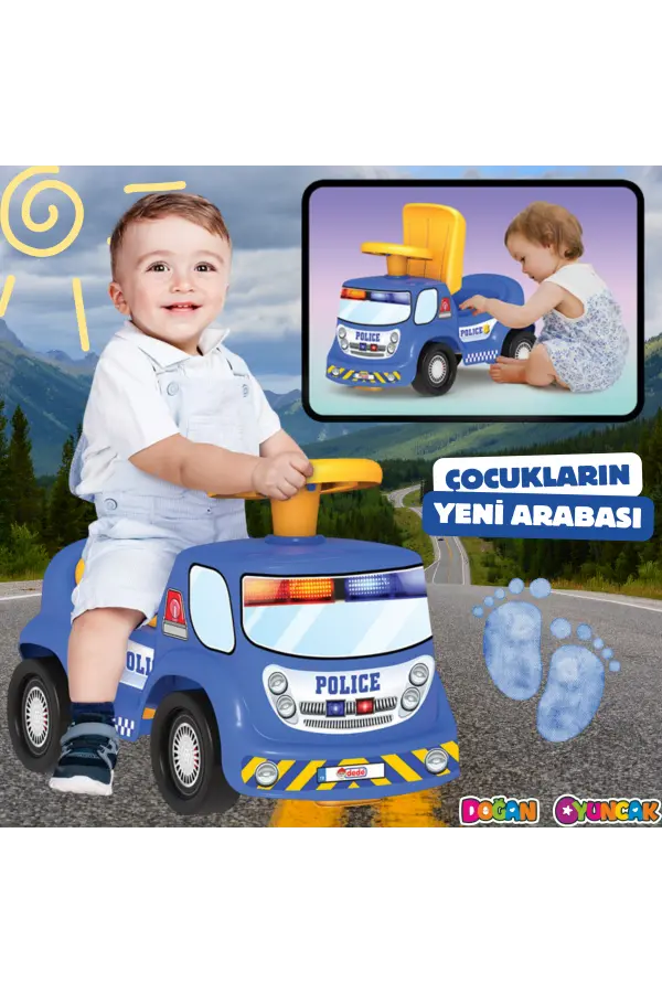 Go Hero Polis Arabası - Binmeli Araba İlk Arabam - Çocuk Arabası - İlk Adım Arabası - 4 Teker Araç