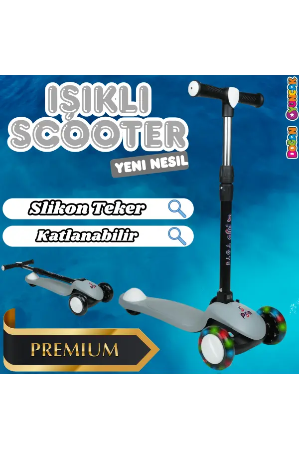 Lupa Katlanabilir Işıklı 3 Tekerlekli Gri Scooter - Işıklı Scooter - Slikon Teker Scooter - Çocuk Scooter - İttir Git