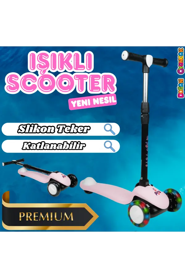 Lupa Katlanabilir Işıklı 3 Tekerlekli Pembe Scooter - Işıklı Scooter - Slikon Teker Scooter - Çocuk Scooter - İttir Git