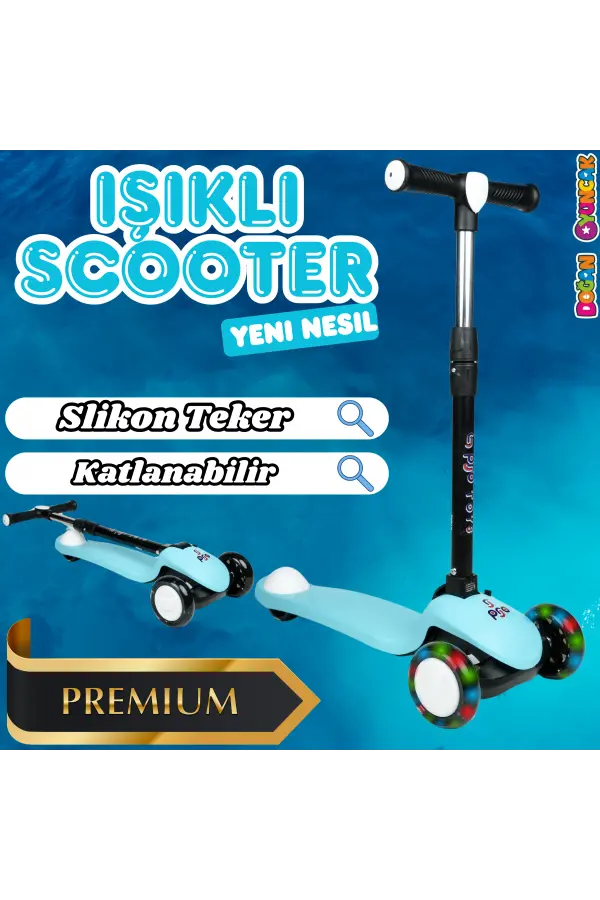 Lupa Katlanabilir Işıklı 3 Tekerlekli Turkuaz Scooter - Işıklı Scooter - Slikon Teker Scooter - Çocuk Scooter - İttir Git