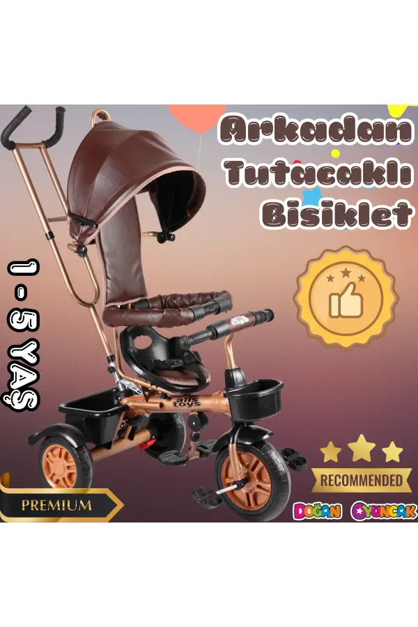 Sweet Gold Arkadan Tutacaklı Bisiklet Kahverengi - Üç Tekerli İtmeli Bisiklet - Ebeveyn Kontröllü Bisiklet Bebek Bisikleti