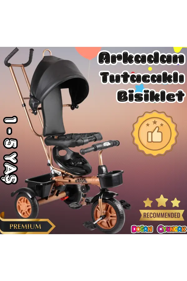 Sweet Gold Arkadan Tutacaklı Bisiklet Siyah - Üç Tekerli İtmeli Bisiklet - Ebeveyn Kontröllü Bisiklet Bebek Bisikleti
