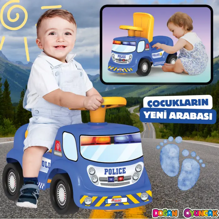 Go Hero Polis Arabası - Binmeli Araba İlk Arabam - Çocuk Arabası - İlk Adım Arabası - 4 Teker Araç