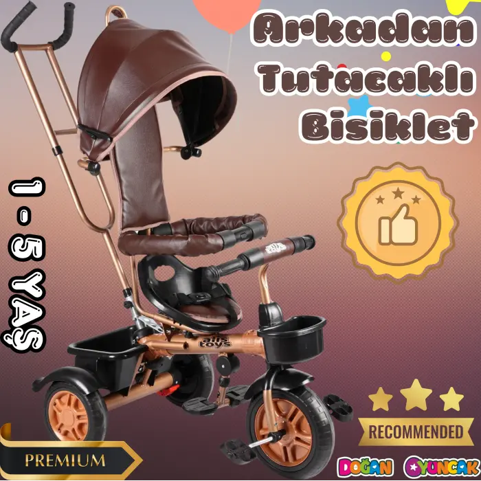 Sweet Gold Arkadan Tutacaklı Bisiklet Kahverengi - Üç Tekerli İtmeli Bisiklet - Ebeveyn Kontröllü Bisiklet Bebek Bisikleti