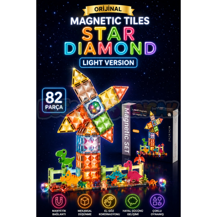 Orijinal Magnetic Tiles Star Diamond Light Version 82 Parça Işıklı