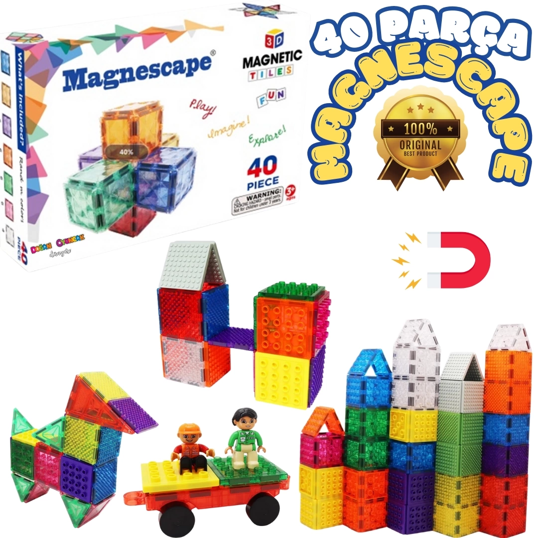 Orijinal Magnescape Magnetic Tiles 40 Parça - Magnetic Magical Magnet - Mıknatıslı Lego Magnescape