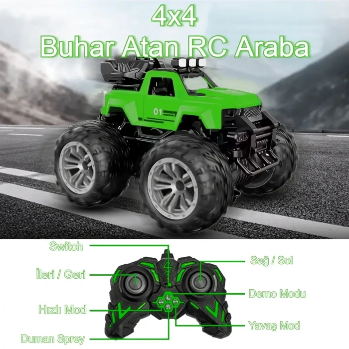 Smoke R/C Araba Yeşil - Uzaktan Kumandalı Duman Atan Araba - Dumanlı Kumandalı Araba - Uzaktan Kumandalı Araba
