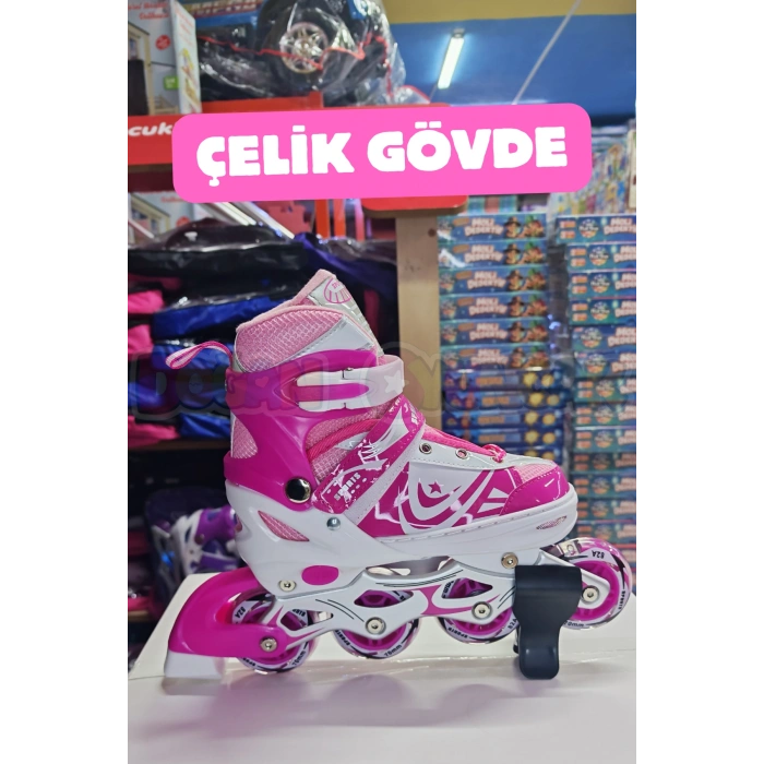 Slikon Tekerli Pembe Paten 31-34 Numara - Silikon Tekerli Paten Alıştırma Pateni - Silikon Tekerlekli