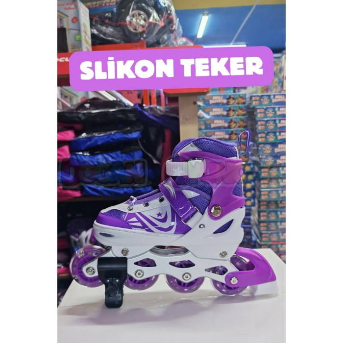 Slikon Tekerli Mor Paten 31-34 Numara - Silikon Tekerli Paten Alıştırma Pateni - Silikon Tekerlekli