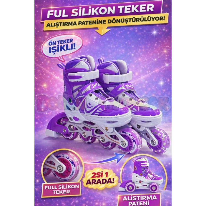 Slikon Tekerli Mor Paten 31-34 Numara - Silikon Tekerli Paten Alıştırma Pateni - Silikon Tekerlekli