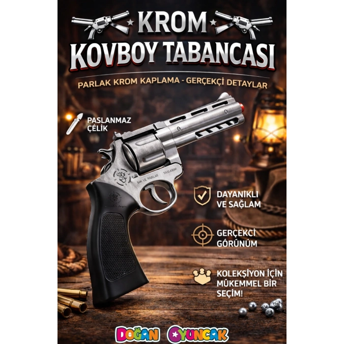 Mantar Patlatan Metal Krom Kovboy Tabancası - Metal Kovboy Silahı Çelik Mantar Silahı