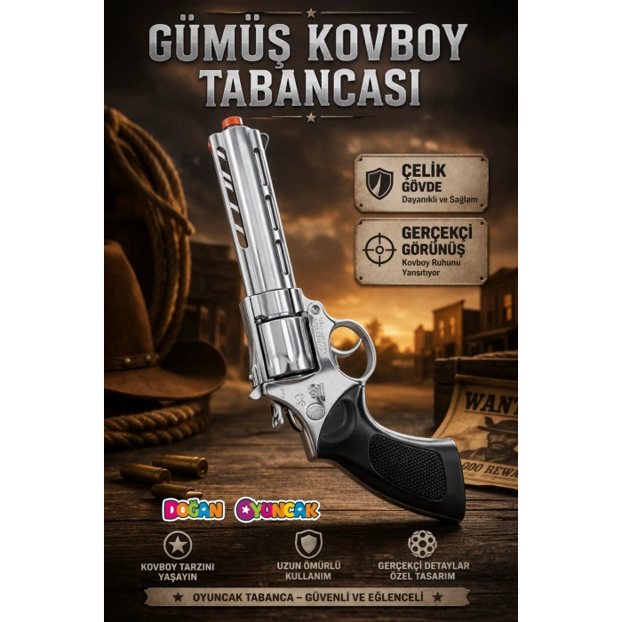 Mantar Patlatan Metal Gümüş Kovboy Tabancası - Metal Kovboy Silahı Çelik Mantar Silahı
