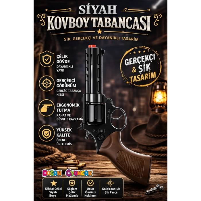 Mantar Patlatan Metal Siyah Kovboy Tabancası - Metal Kovboy Silahı Çelik Mantar Silahı