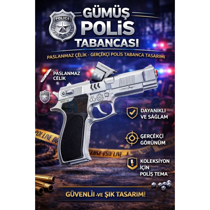 Mantar Patlatan Metal Çelik Polis Tabancası - Metal Polis Silahı Çelik Mantar Silahı