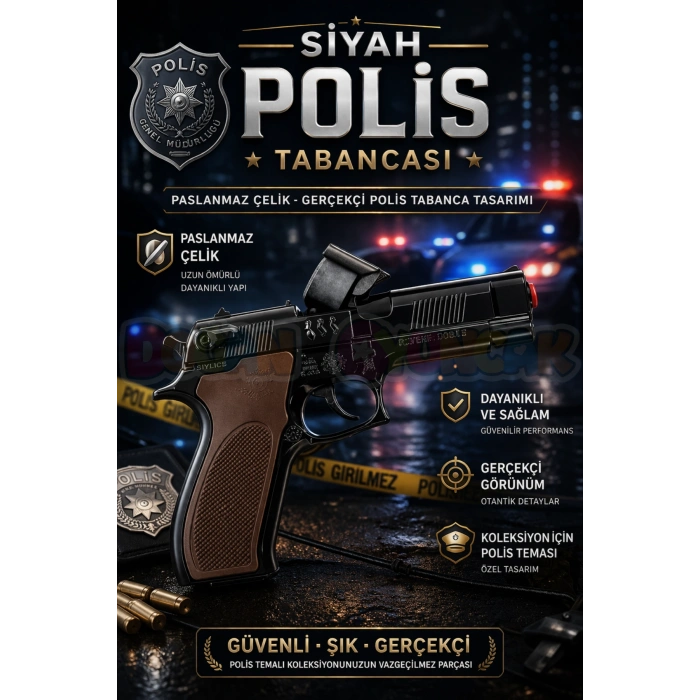 Mantar Patlatan Metal Siyah Polis Tabancası - Metal Polis Silahı Çelik Mantar Silahı