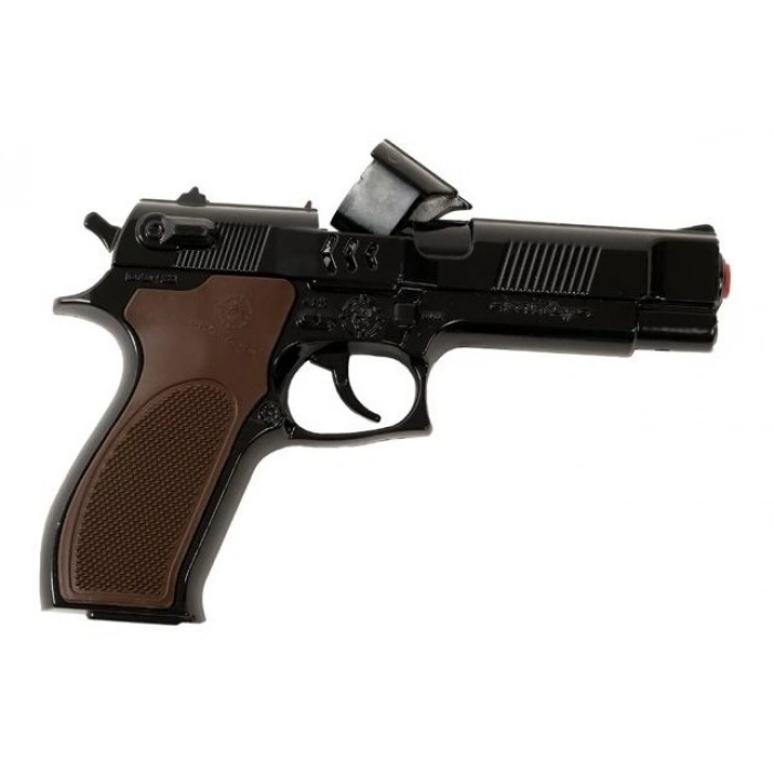 Mantar Patlatan Metal Siyah Polis Tabancası - Metal Polis Silahı Çelik Mantar Silahı