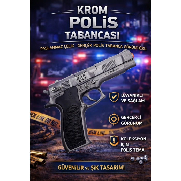 Mantar Patlatan Metal Krom Polis Tabancası - Metal Polis Silahı Çelik Mantar Silahı